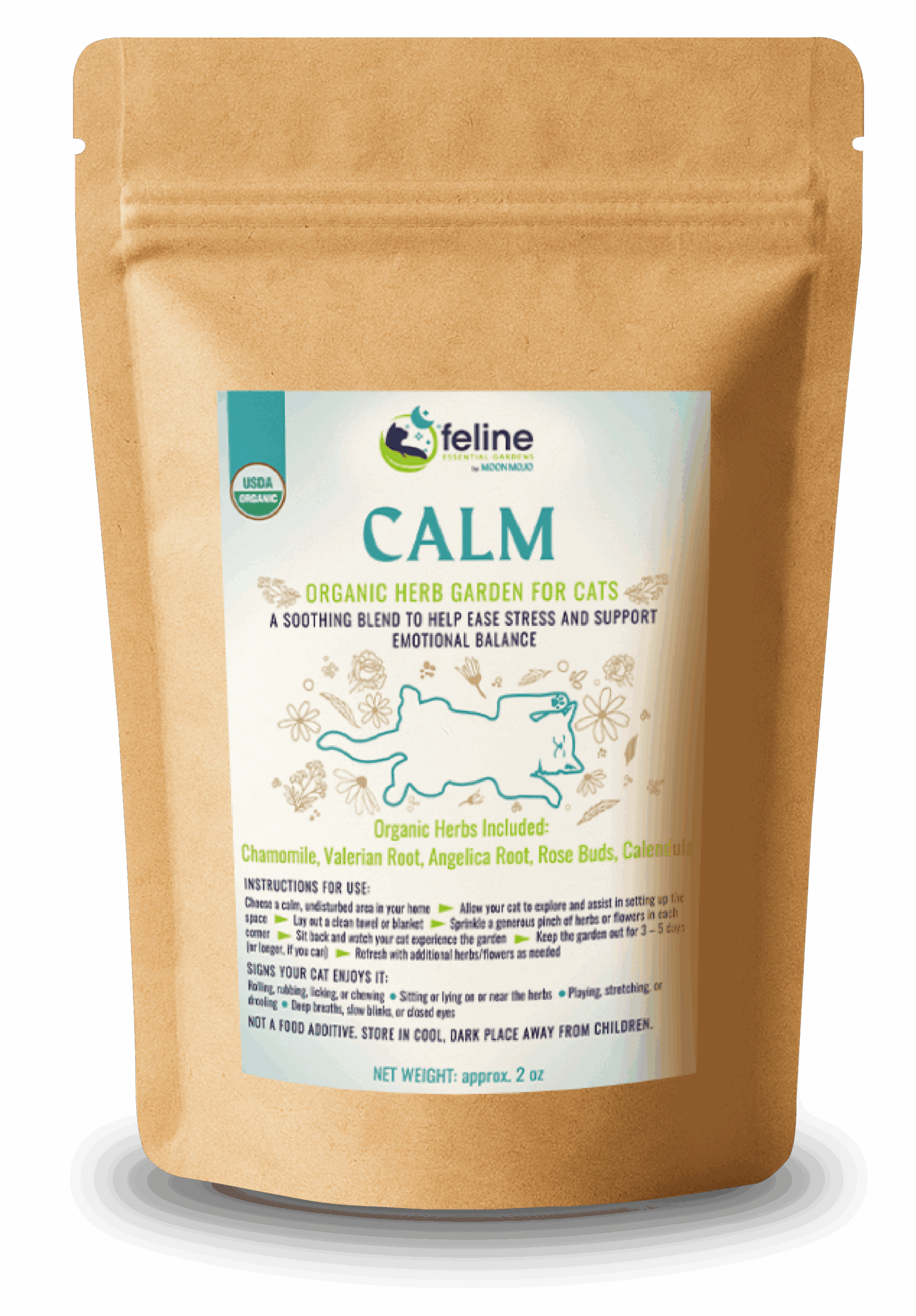 Ease the stress. Invite the calm. Whether it’s a big change in the home or daily anxiety, Calm is crafted to help soothe stressed and sensitive cats. This comforting mix of organic herbs supports emotional balance and provides a peaceful space for your kitty to relax and reset. Simply lay out the blend and let your cat connect with the herbs they need. Includes: Chamomile, Valerian Root, Angelica Root, Rose, Calendula