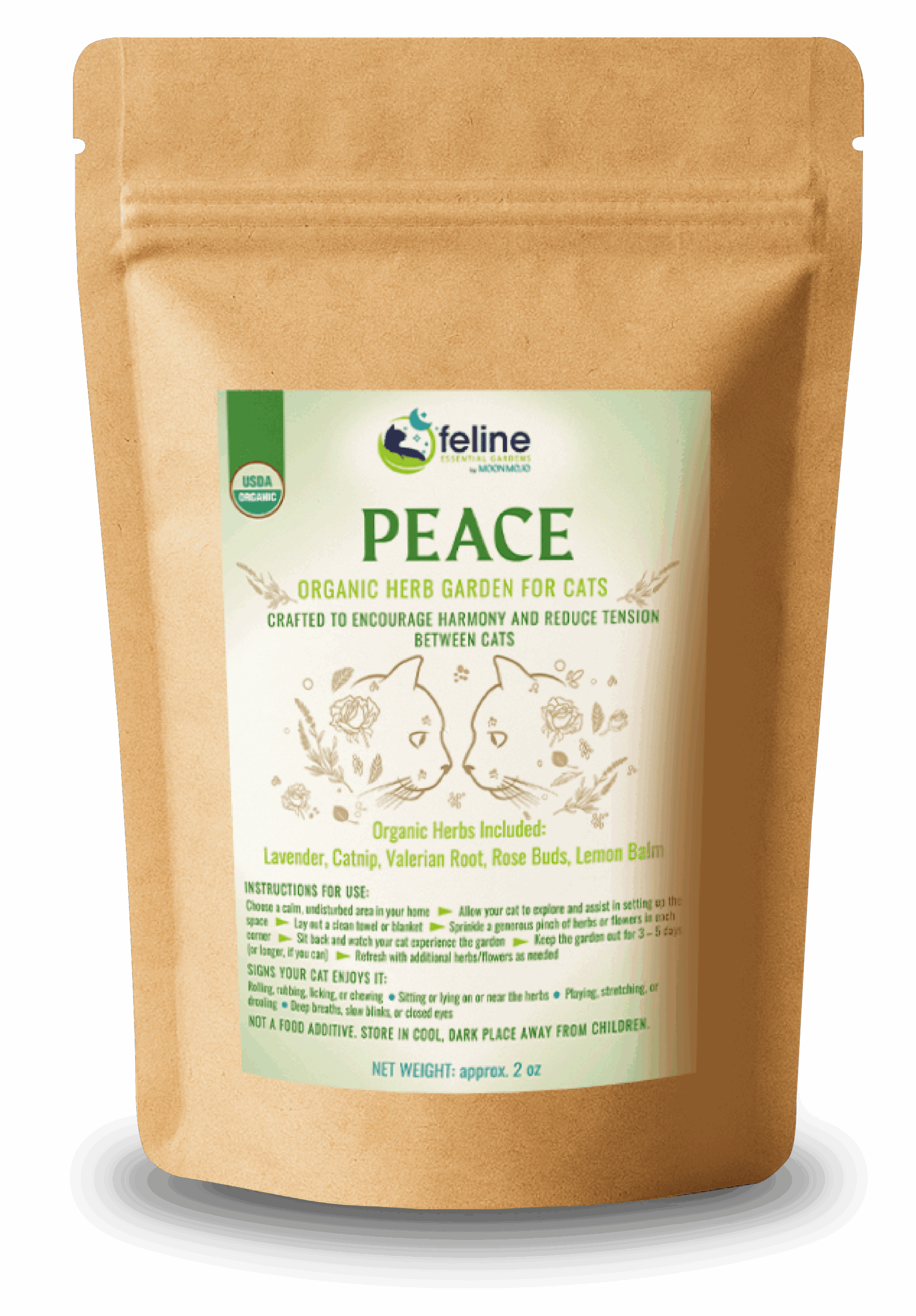 A calming blend of organic herbs for aggressive cats - created to ease tension between cats who don’t get along. Creates harmony in multi-cat homes.